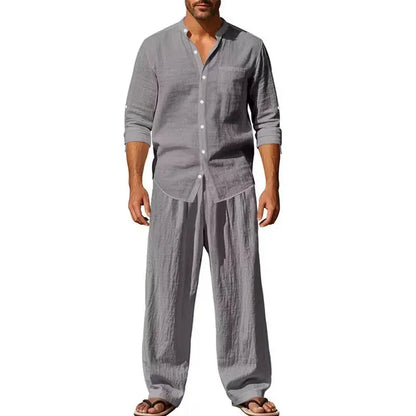 2026 Four Seasons Linen Men's Casual Loose Breathable Long Sleeve Pants Shirt Set by All Mart Bristol Ltd