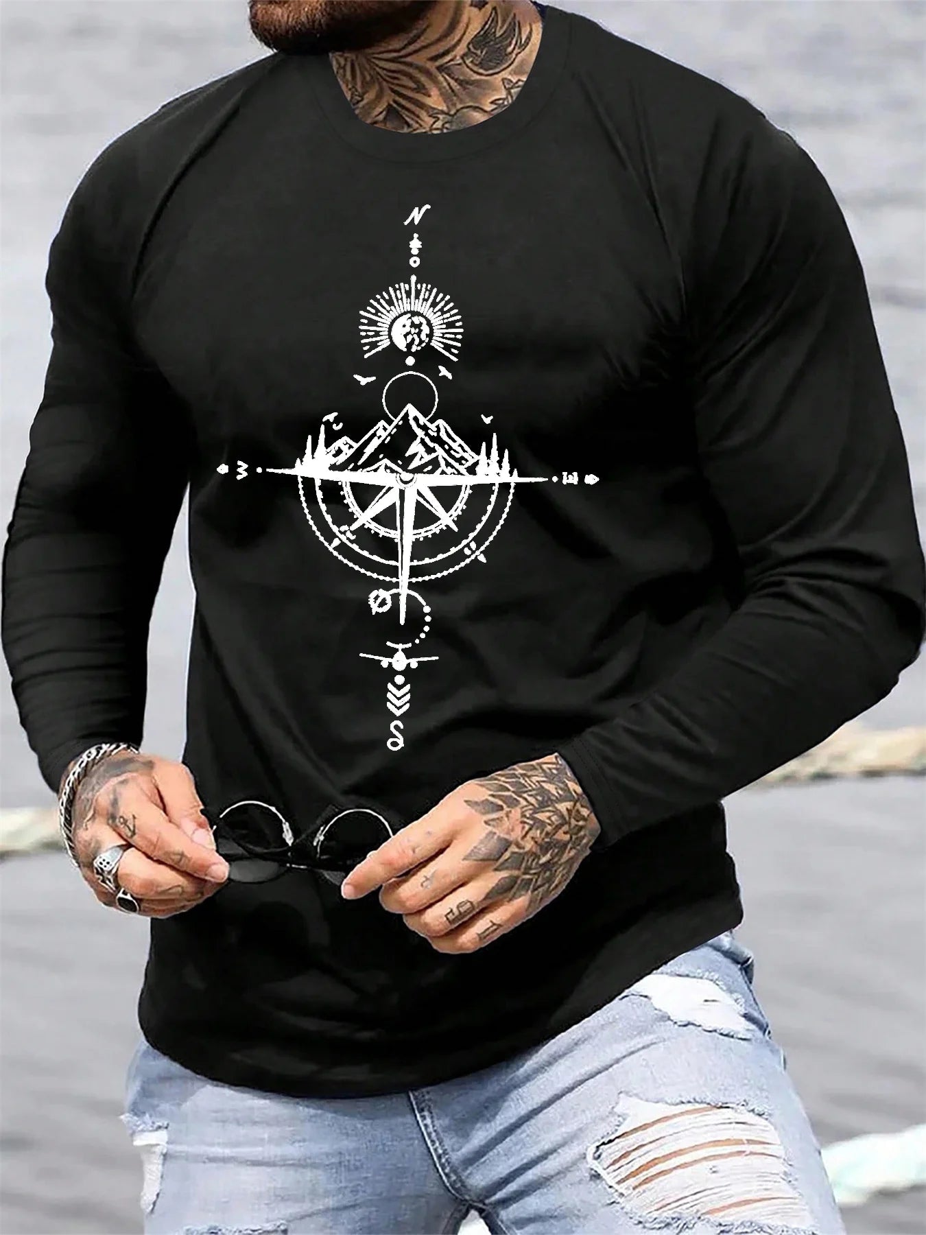 100% pure cotton men's long sleeved round neck loose casual mountain and compass printed spring and autumn versatile T-shirt by All Mart Bristol Ltd