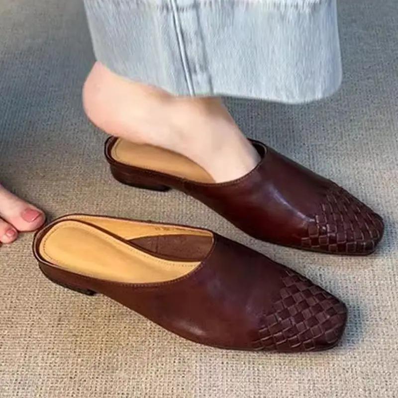 Retro Woven Closed-toe Half Slippers Women's by Dropshipman