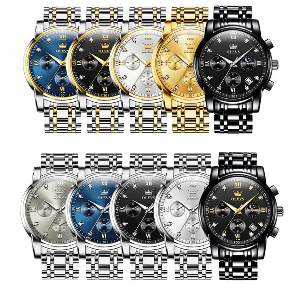 OLEVS Popular men's watches stainless steel black Moon Phase Chronograph quartz watch for man date Original brand wristwatch by All Mart Bristol Ltd