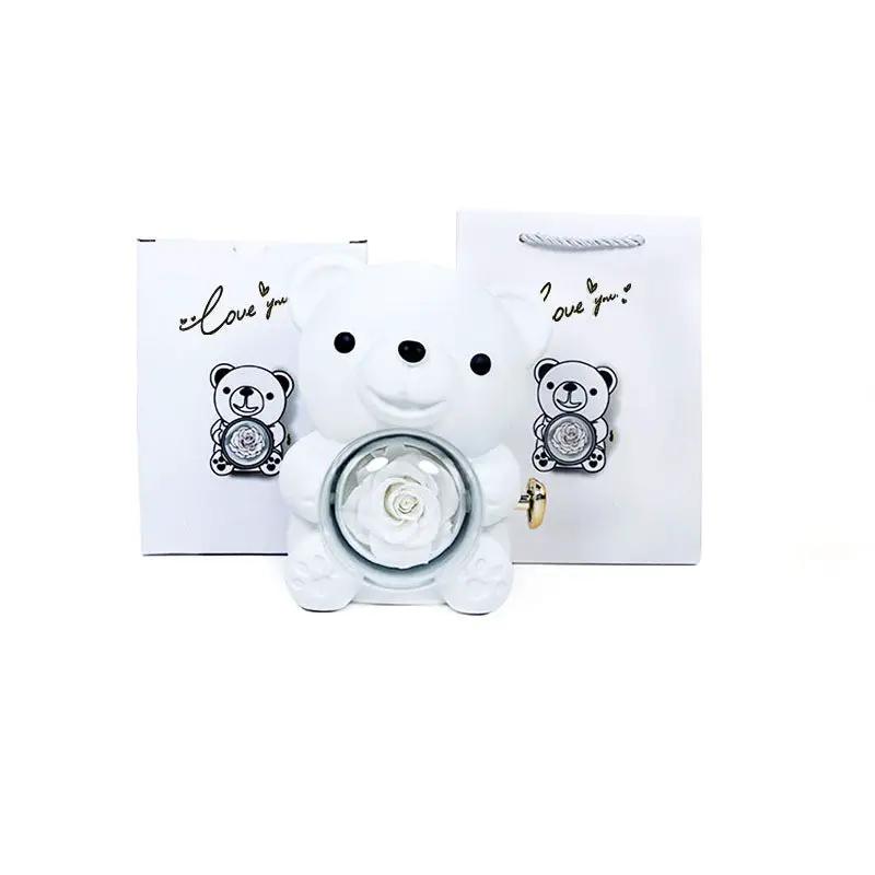 Rotating Bear Gift Box Eternal Rose Teddy Bear Jewelry Box With Necklace Valentine Wedding Special Present For Girlfriend Anniversary Gift Jewelry Box by Dropshipman