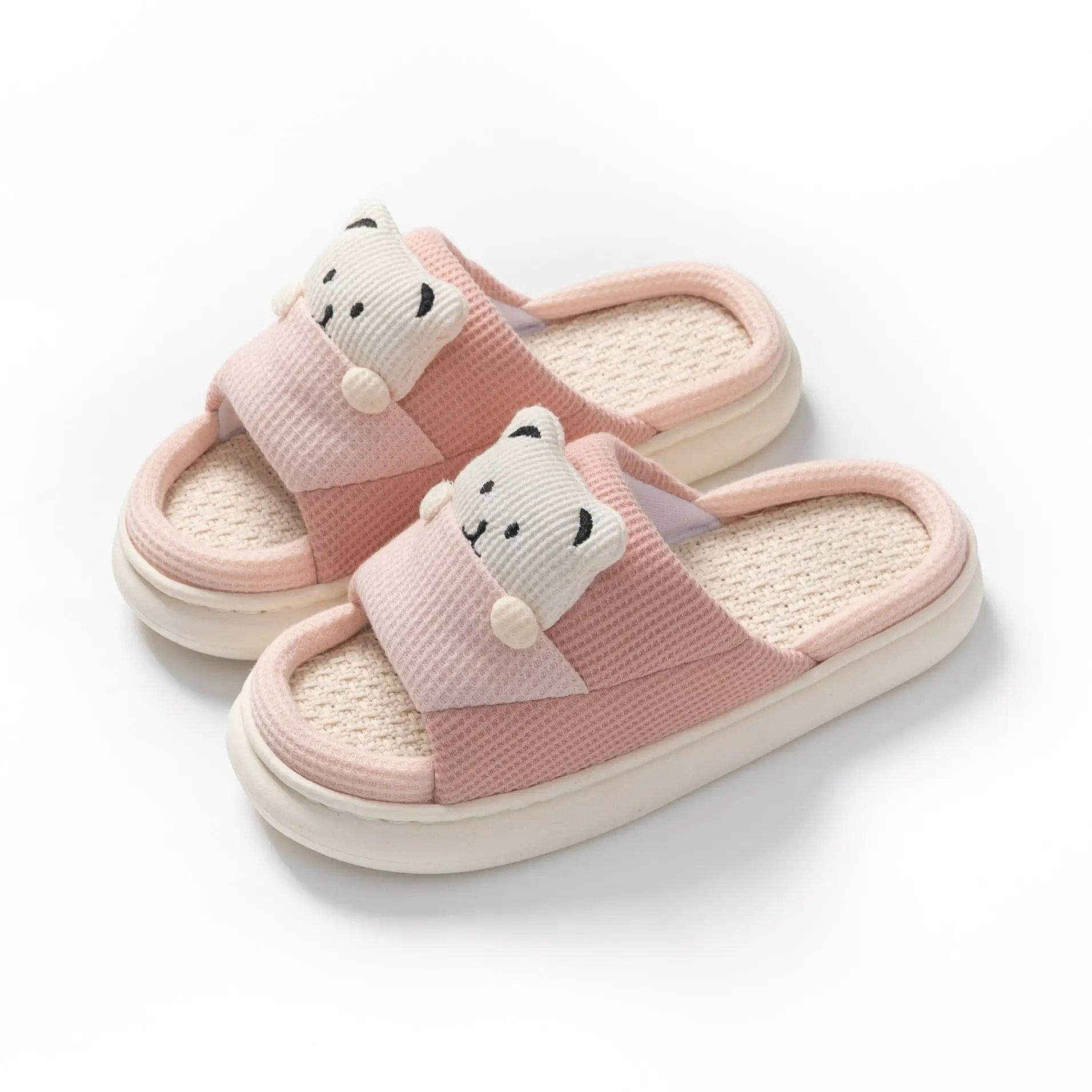 Cute Cartoon Bear Slippers Spring And Autumn Fashion Thick-soled Mute Linen Slipper Women's House Shoes by Dropshipman