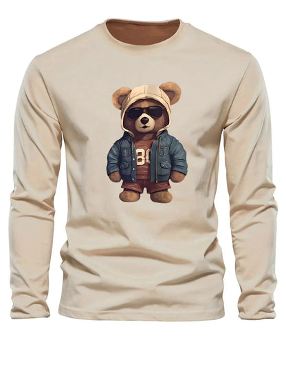 100 cotton men's casual long sleeved round neck loose bear pattern printed autumn and winter T-shirt top versatile by All Mart Bristol Ltd