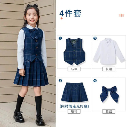 Kids British Plaid Vest Shirt Suit Pants Girls Waistcoat Blouse Skirts Children School Uniform Boys Korean Students Clothes Set by All Mart Bristol Ltd