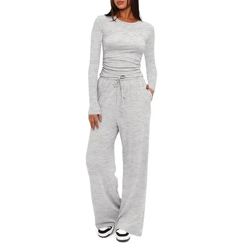2 Pieces Women's Suit Autumn Winte Long Sleeve Tops High Waisted Wide Leg Pants Sportswear Female Clothes Solid Color Casual Suit by Dropshipman