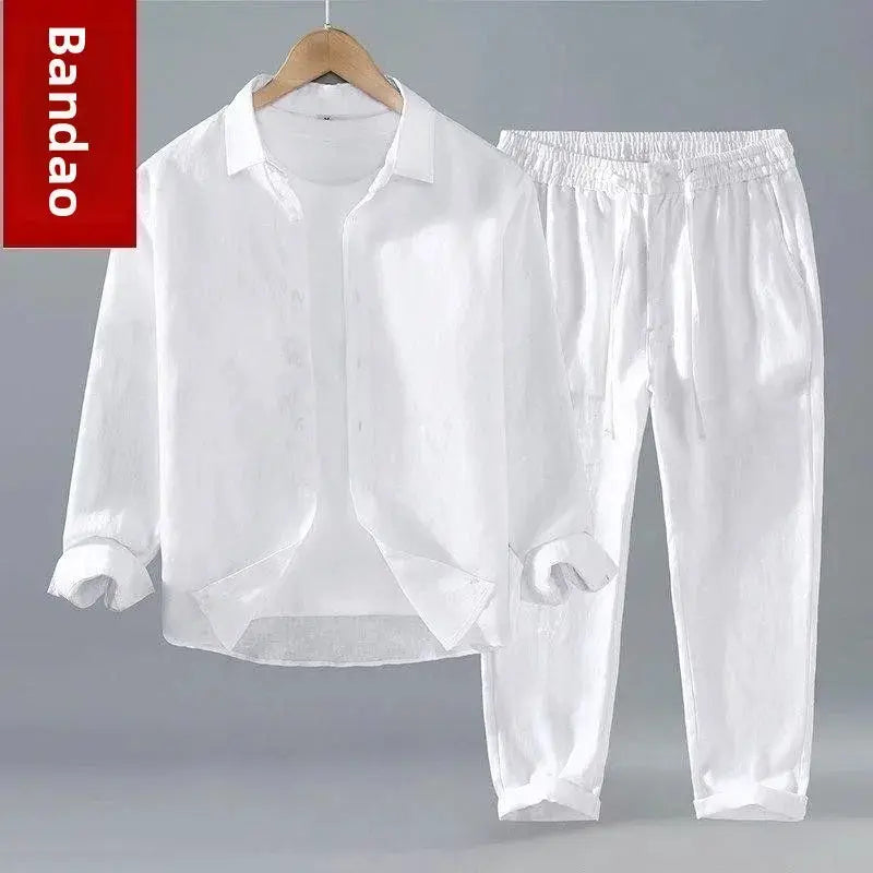 Men's Long Sleeve Linen Shirt Casual Summer New Style Drapey Cotton Linen Shirt Pure Color Pants Youth Fashion Clothing by All Mart Bristol Ltd