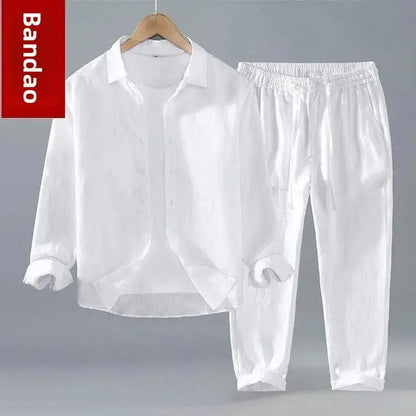 Men's Long Sleeve Linen Shirt Casual Summer New Style Drapey Cotton Linen Shirt Pure Color Pants Youth Fashion Clothing by All Mart Bristol Ltd