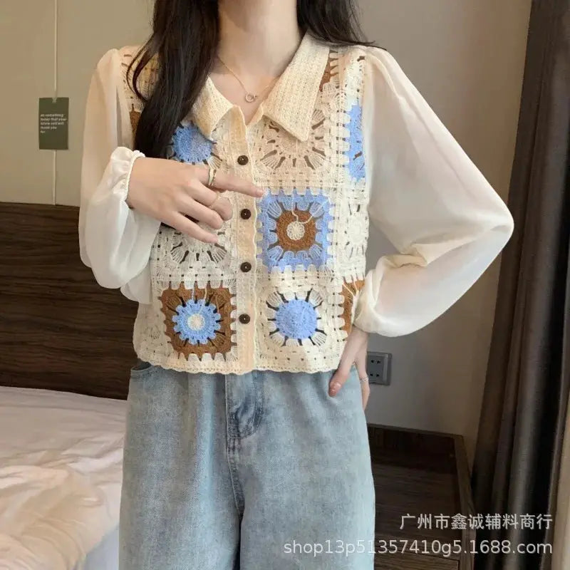New Embroidered Lace Collar Short-Sleeved Chiffon Blouse for Women - Minimalist Chic Style, with Open and Loose Fit Top. by All Mart Bristol Ltd