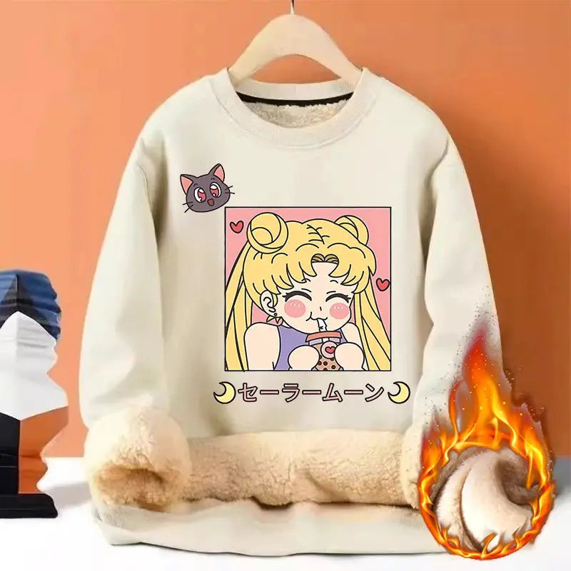 Sailor Moon Woman Thick Sweatshirt Lamb Wool Round Neck Hoodid Girl Cute Long Sleeves Fashion Sportswear Winter Warm Cartoon Top by All Mart Bristol Ltd