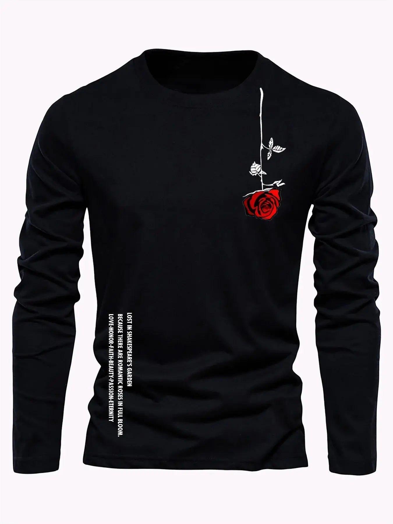 100% pure cotton men's long sleeved round neck loose casual rose letter printed spring and autumn versatile T-shirt top by All Mart Bristol Ltd