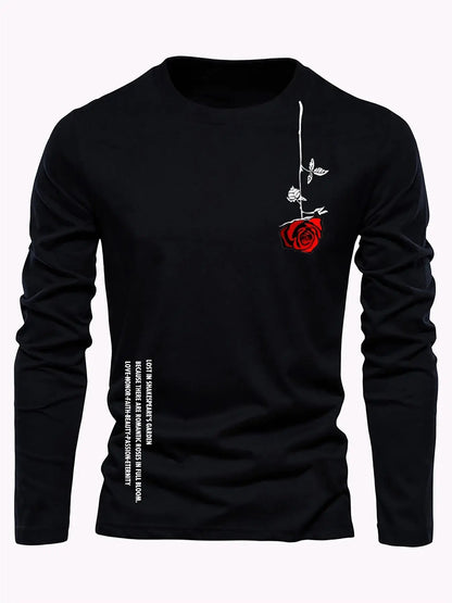 100% pure cotton men's long sleeved round neck loose casual rose letter printed spring and autumn versatile T-shirt top by All Mart Bristol Ltd