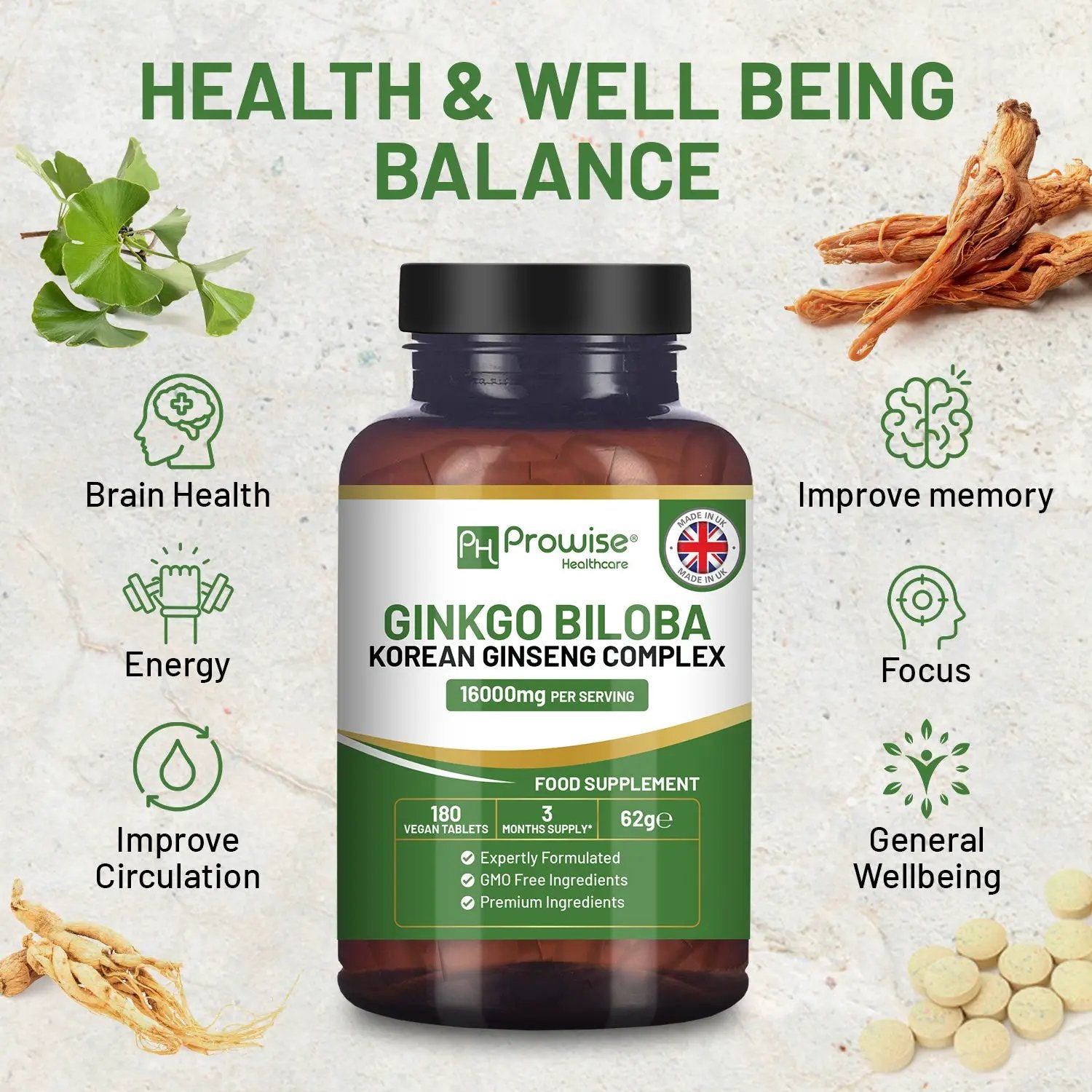 Ginkgo Biloba and Korean Ginseng Tablets 16000mg 180 Vegan Tablets by Prowise by Prowise Healthcare