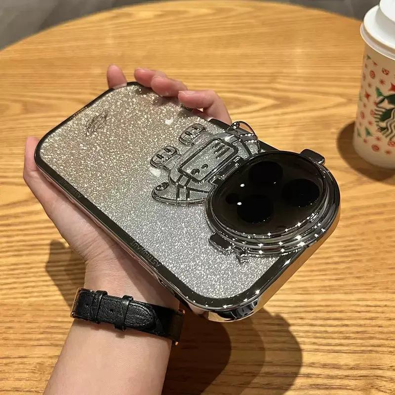 Glitter Astronaut Camera Stand Phone Case For I14 13 12 11 Pro Max XR 14 Plus Invisible Lens Bracket Plating Soft Cover by Dropshipman