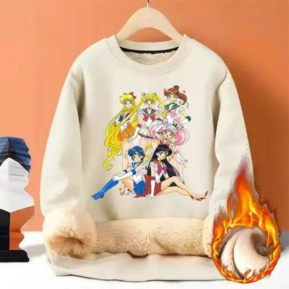Sailor Moon Woman Thick Sweatshirt Lamb Wool Round Neck Hoodid Girl Cute Long Sleeves Fashion Sportswear Winter Warm Cartoon Top by All Mart Bristol Ltd