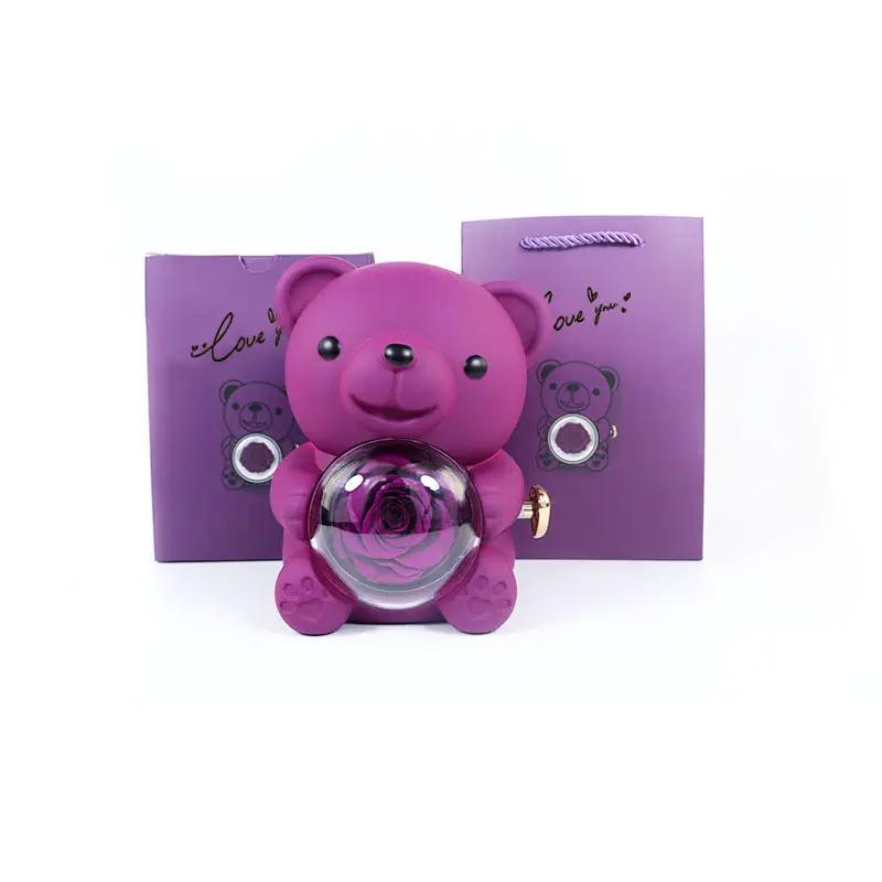 Rotating Bear Gift Box Eternal Rose Teddy Bear Jewelry Box With Necklace Valentine Wedding Special Present For Girlfriend Anniversary Gift Jewelry Box by Dropshipman