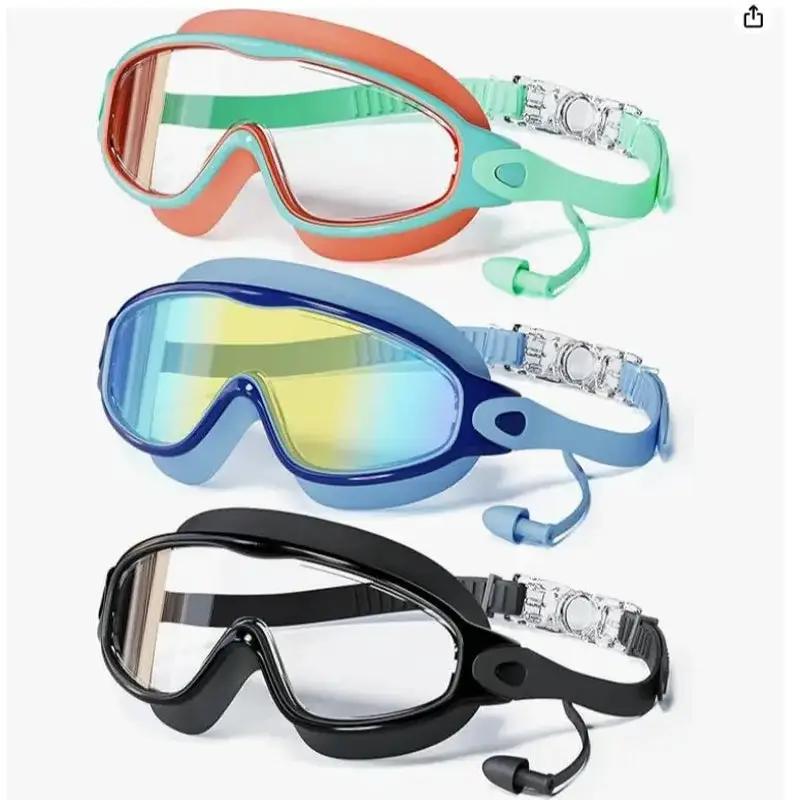MERSUN 3 Pack Swimming Goggles, Kid Goggles with Earplugs Large Frame Anti-Fog/Uv Wide View Swim Goggles Boys Girls 4-12 by All Mart Bristol Ltd