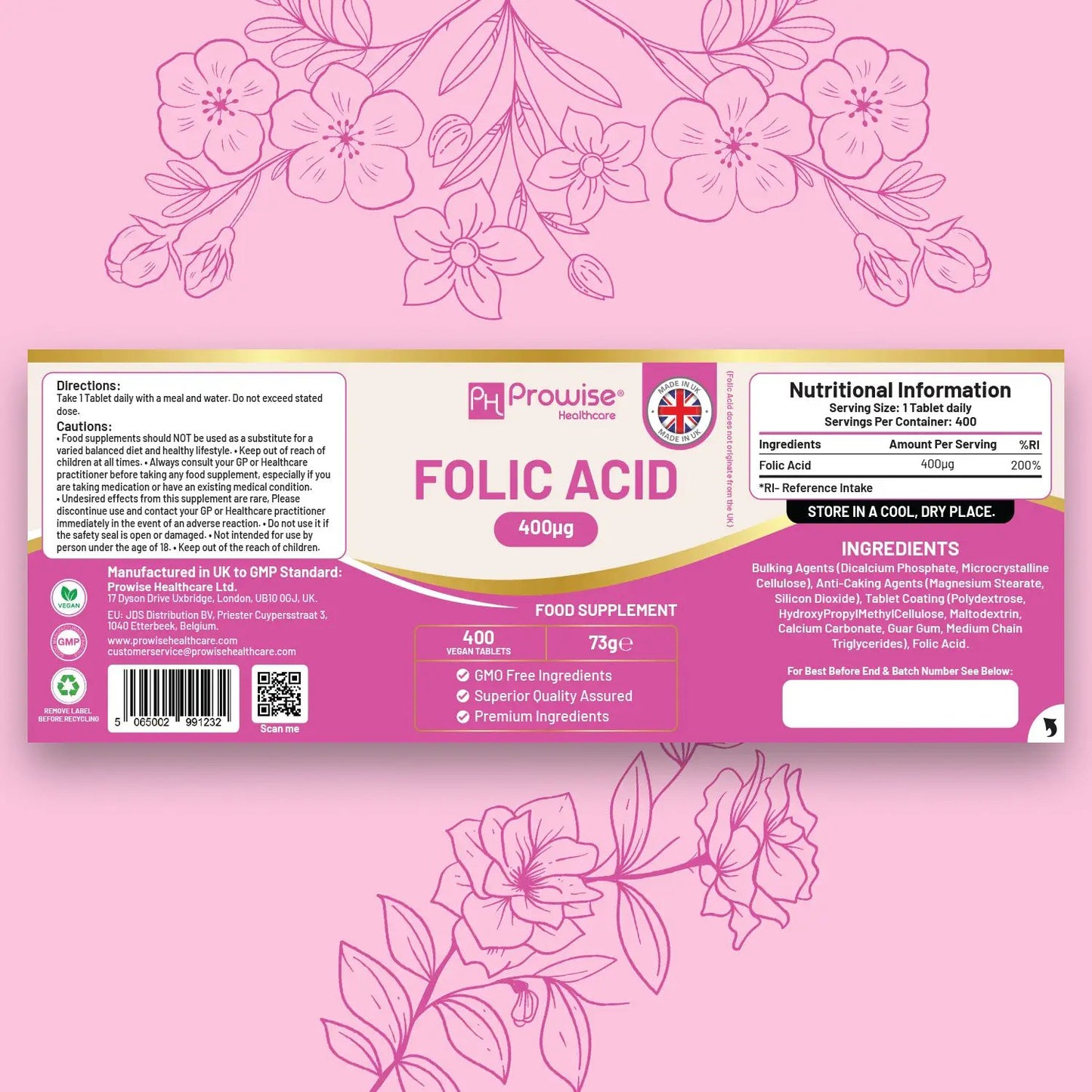 Folic Acid Tablets 400 mcg - 400 Vegan Vitamin B9 Tablets by Prowise Healthcare