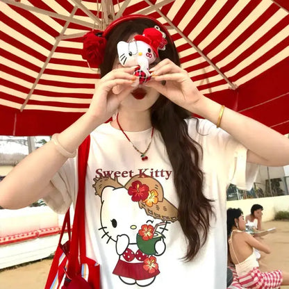 Short-Sleeved T-Shirt Summer New Hello Kitty Printed Cartoon Cute Sanrio Half-Sleeved T-Shirt Pure Cotton Shirt Women's Tops by All Mart Bristol Ltd