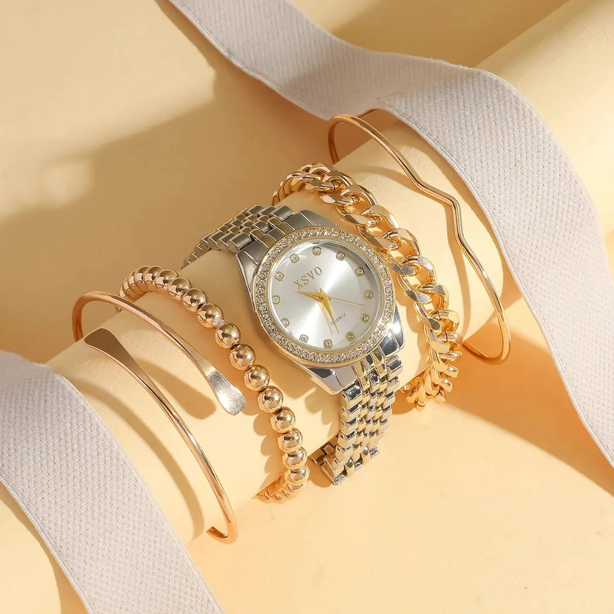 No gift box New style steel strap light luxury fashion quartz wristwatch pearl string bracelet 5 pieces set by All Mart Bristol Ltd