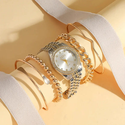 No gift box New style steel strap light luxury fashion quartz wristwatch pearl string bracelet 5 pieces set by All Mart Bristol Ltd