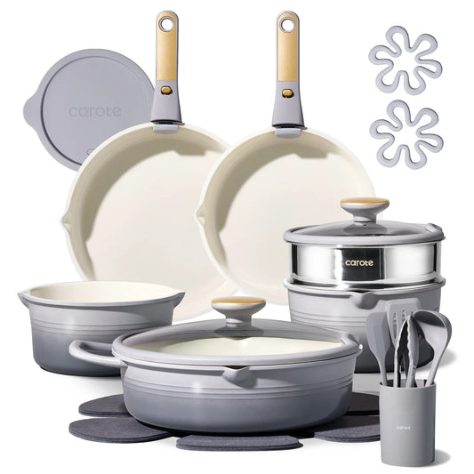 [Official]Carote 22Piece Gradient Color Ceramic Cookware Set Nonstick with Detachable Handle,Steamer, Utensils Set, Big Capacity by All Mart Bristol Ltd