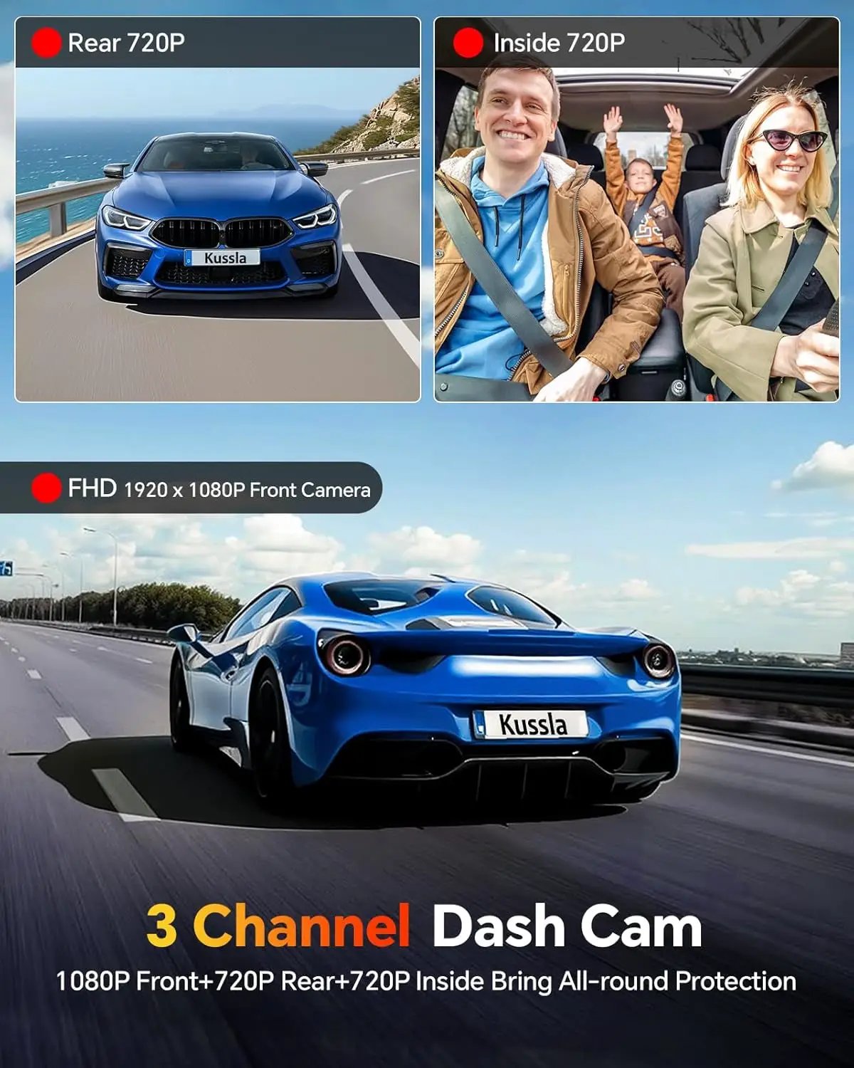 Triple Channel 1080P Dash Cam for Cars - Front & Rear Cameras with Night Vision, G-Sensor, Loop Recording & 64GB Card Included by All Mart Bristol Ltd