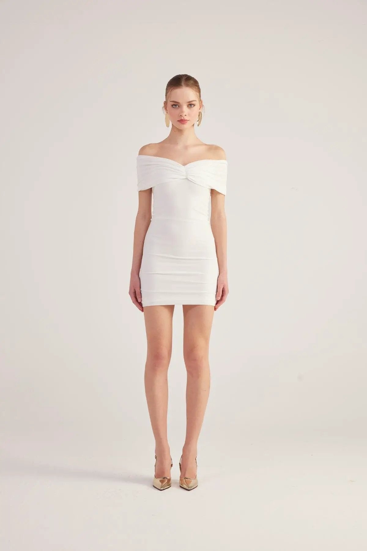 Muse White Bardot Neck Mini Dress by Holly Lolly