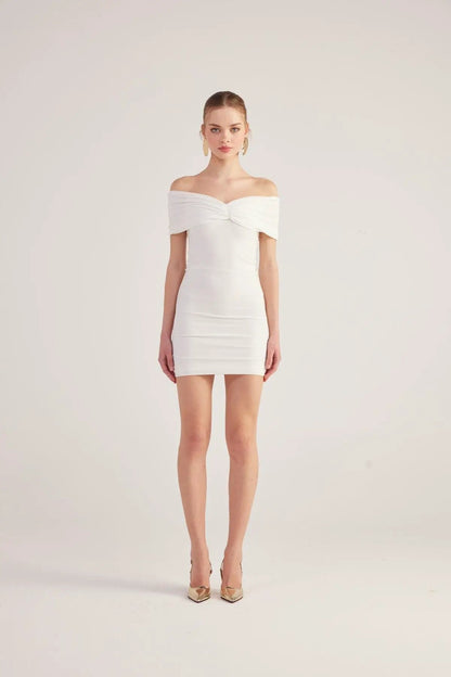 Muse White Bardot Neck Mini Dress by Holly Lolly