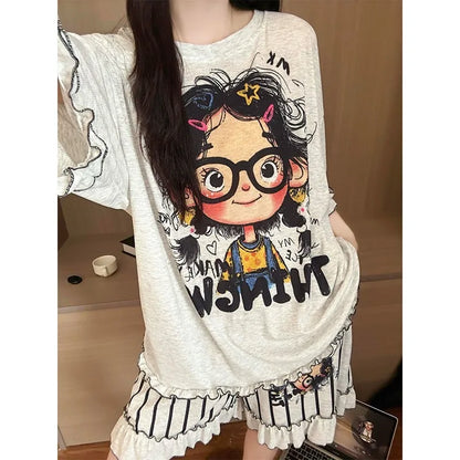 New Teenage Girls Casual Pajama Set Short Sleeves Shorts Two-piece Set with Cartoon Character Made of Modal Home Wear for Women by All Mart Bristol Ltd