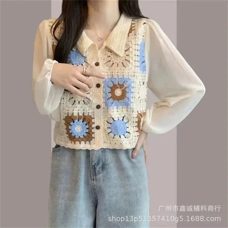 New Embroidered Lace Collar Short-Sleeved Chiffon Blouse for Women - Minimalist Chic Style, with Open and Loose Fit Top. by All Mart Bristol Ltd