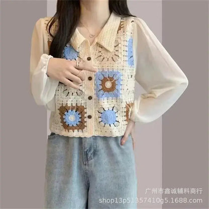 New Embroidered Lace Collar Short-Sleeved Chiffon Blouse for Women - Minimalist Chic Style, with Open and Loose Fit Top. by All Mart Bristol Ltd