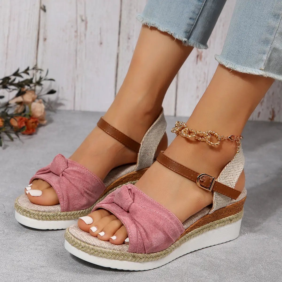 New Thick-soled Bow Sandals Summer Fashion Casual Linen Buckle Wedges Shoes For Women by Dropshipman