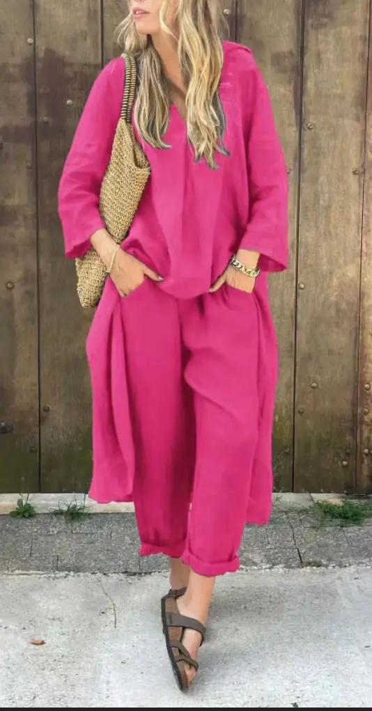 2pcs Long-sleeved Suits Loose V-neck Long Top And High Waist Wide Leg Pants With Pockets Women's Clothing by Dropshipman