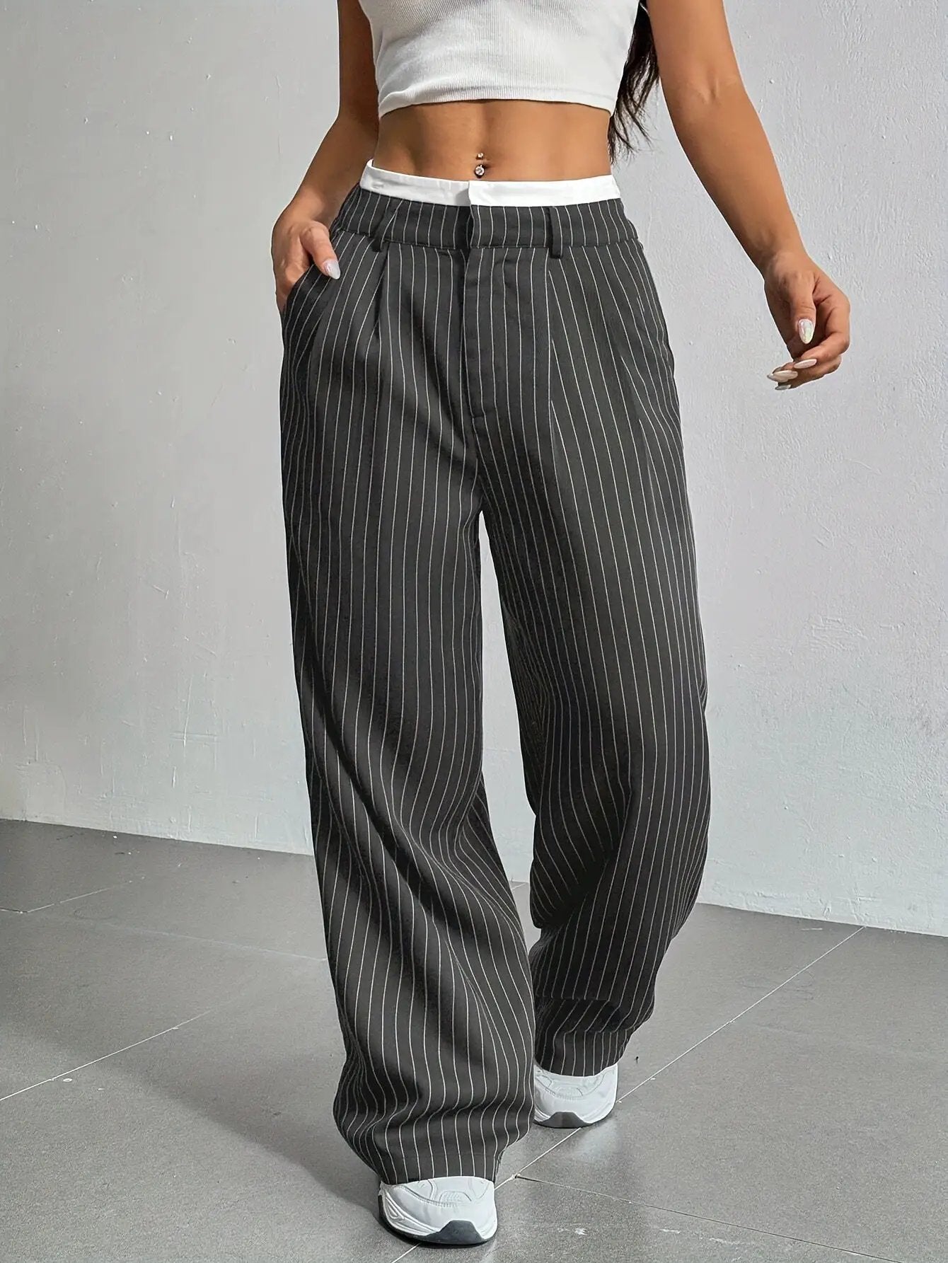 Stripe Printed Trousers Fashion High Waist Straight Leg Pants With Pocket Zipper Casual Suit Pants For Women by Dropshipman