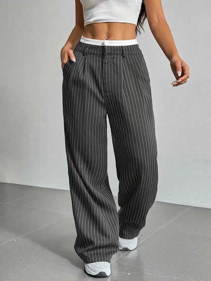 Stripe Printed Trousers Fashion High Waist Straight Leg Pants With Pocket Zipper Casual Suit Pants For Women by Dropshipman