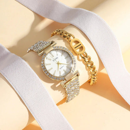 2pcs/set Simple round diamond inlaid ladies quartz watches simple bracelet jewelry sets suitable for holiday gifts by All Mart Bristol Ltd