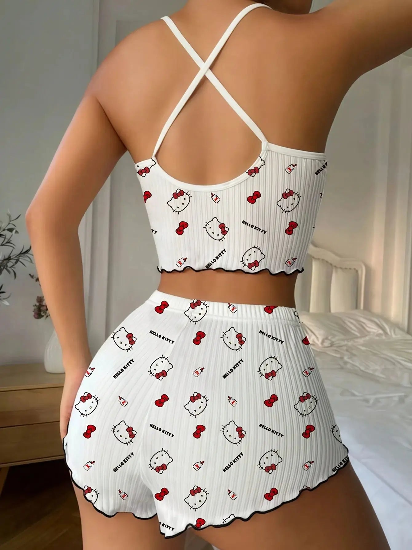 Sanrio Hello Kitty Bowknot Suspender Top Shorts Casual 2pcs Pajama Set Fashionable Thin Shoulder Strap Sexy Sleepwear Soft Pj by All Mart Bristol Ltd