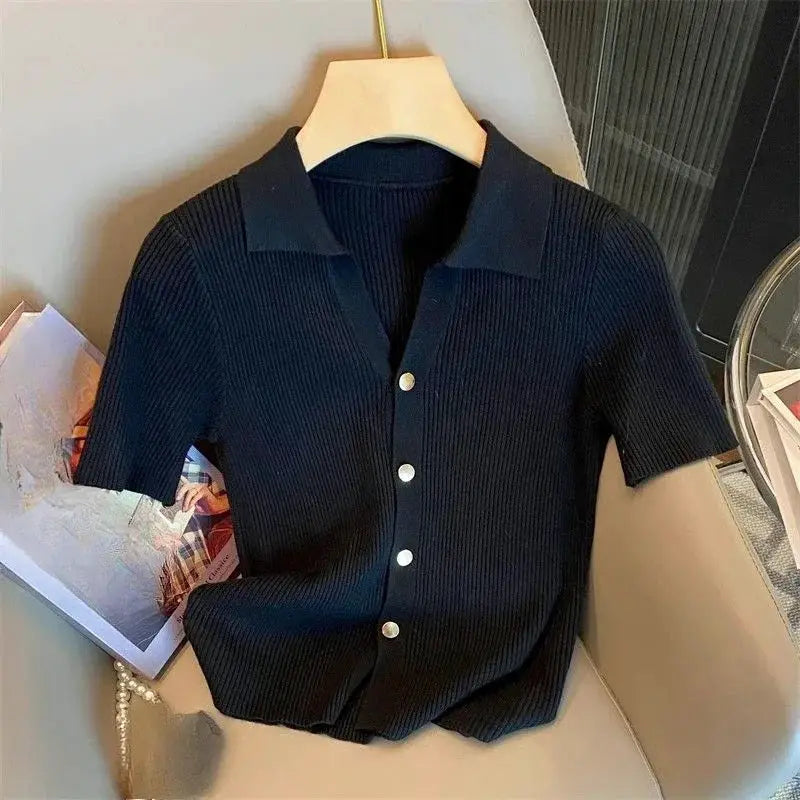 Chic Knitted Polo-neck Shirt Women's 2025 Korean Summer Thin Cardigan Short Sleeve T-Shirt Casual Single Breasted Knitwear Tops by All Mart Bristol Ltd