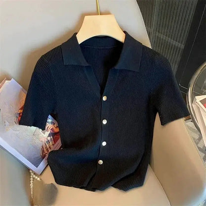 Chic Knitted Polo-neck Shirt Women's 2025 Korean Summer Thin Cardigan Short Sleeve T-Shirt Casual Single Breasted Knitwear Tops by All Mart Bristol Ltd
