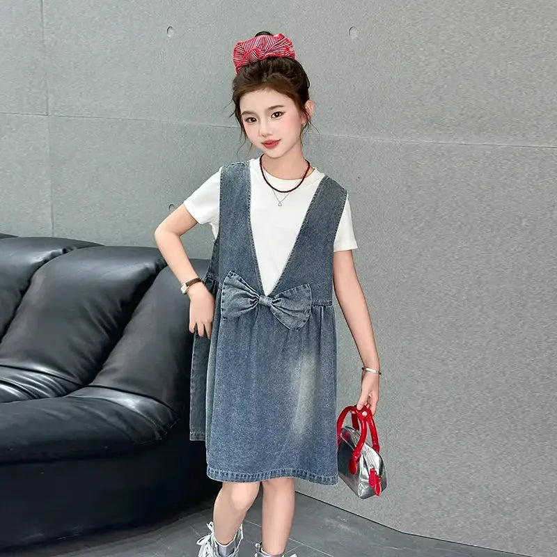 Kids Fashion Reversible Clothes Loose Fit Sleeveless Denim Vest Dress with Bow for Teens Girl Street Outfit Child Jeans Dress by All Mart Bristol Ltd