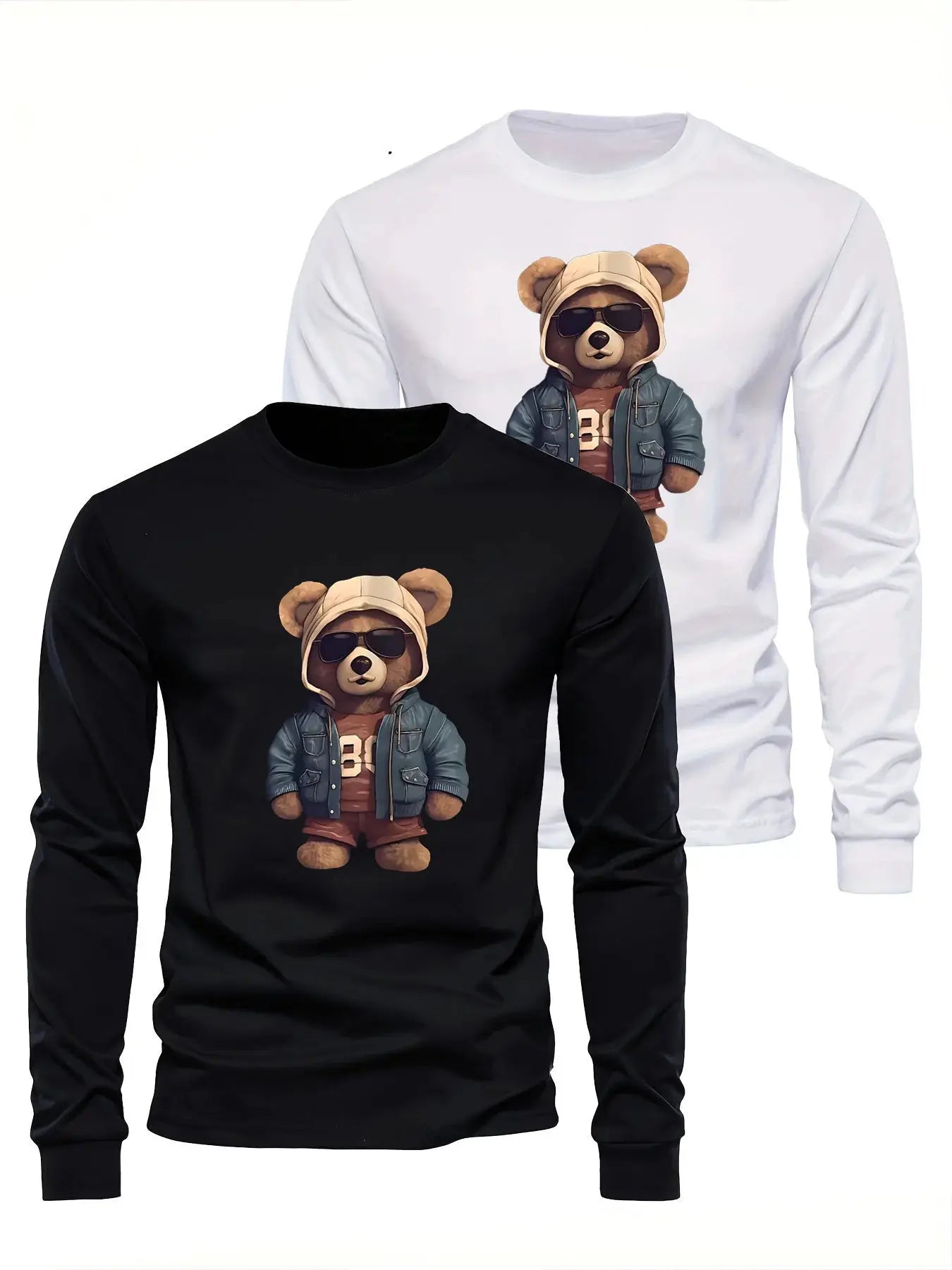100 cotton men's casual long sleeved round neck loose bear pattern printed autumn and winter T-shirt top versatile by All Mart Bristol Ltd