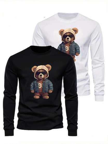 100 cotton men's casual long sleeved round neck loose bear pattern printed autumn and winter T-shirt top versatile by All Mart Bristol Ltd