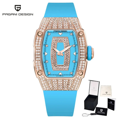 PAGANI DESIGN Top Luxury Diamond encrusted Women's Watch Fashion RubberWaterproof LuminousWine Bucket Case Women'sWatch+Gift Box by All Mart Bristol Ltd