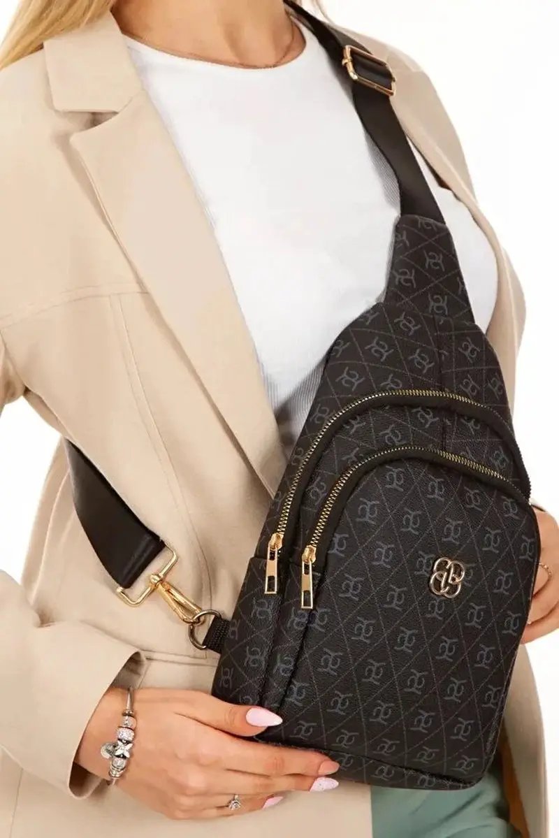 Women Black Leather Monogram Crossbody Belt Chest Shoulder Bag by All Mart Bristol Ltd