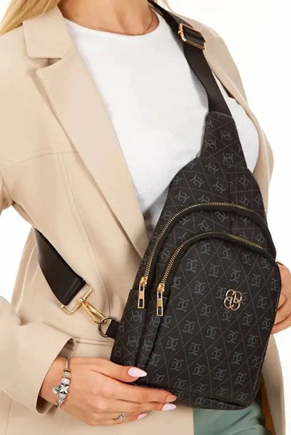 Women Black Leather Monogram Crossbody Belt Chest Shoulder Bag by All Mart Bristol Ltd