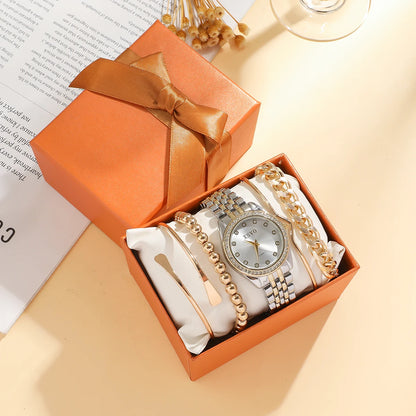 No gift box New style steel strap light luxury fashion quartz wristwatch pearl string bracelet 5 pieces set by All Mart Bristol Ltd