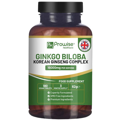 Ginkgo Biloba and Korean Ginseng Tablets 16000mg 180 Vegan Tablets by Prowise by Prowise Healthcare