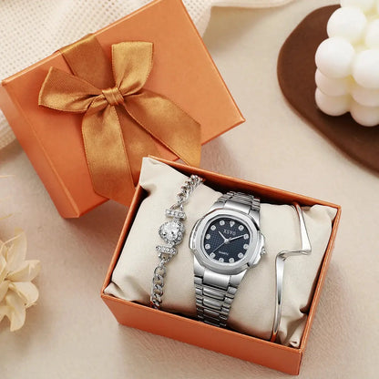 No gift box, small batch watches, Korean version of the square versatile quartz watches heart-shaped diamond bracelet 3 sets by All Mart Bristol Ltd