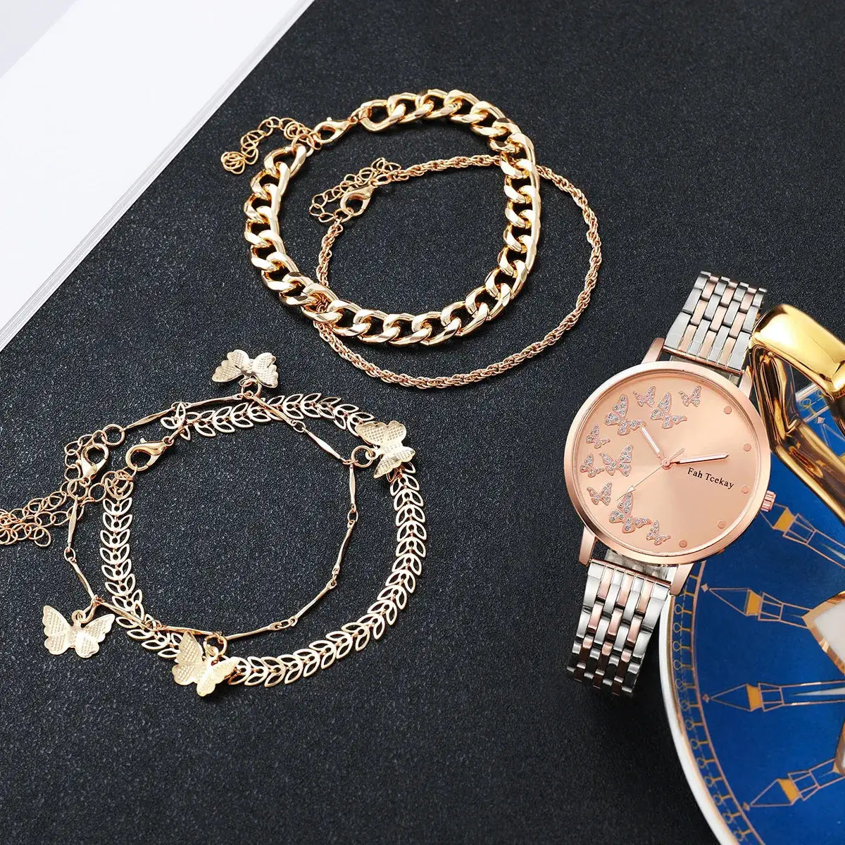 No gift box Fashion women's steel strap watch leisure butterfly diamond face quartz watch butterfly jewelry 5 piece set by All Mart Bristol Ltd