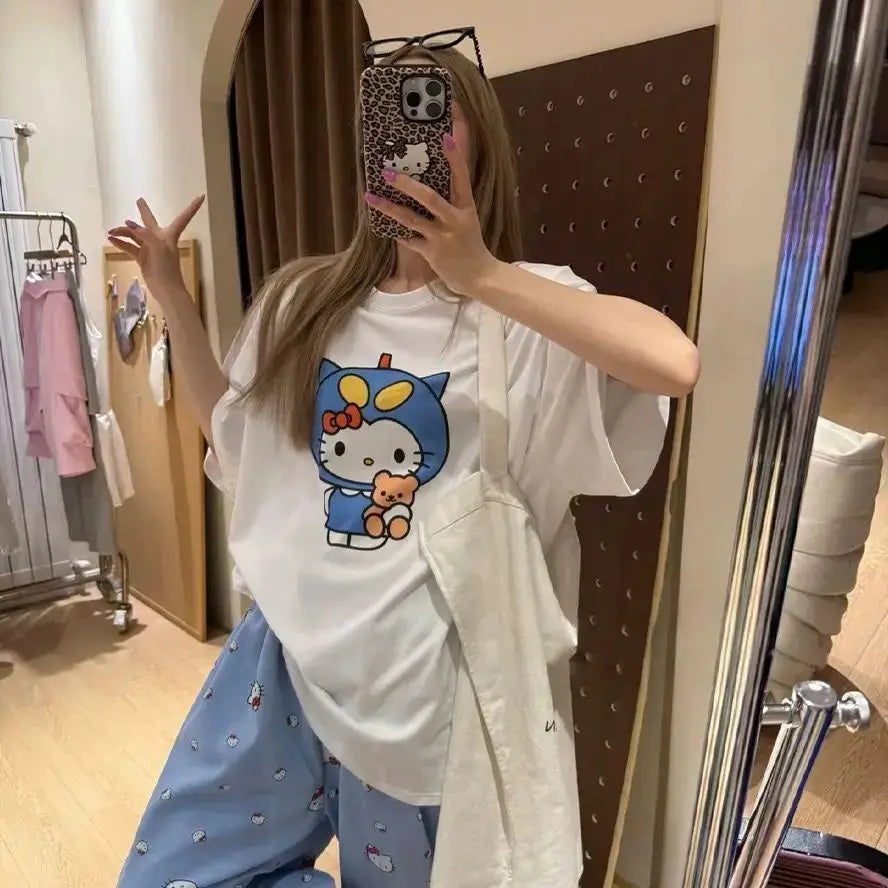 Short Sleeved Hello Kitty Printed T-Shirt Sanrio Women's Summer New Loose Design Versatile Pure Cotton Tops Fun Street Fashion by All Mart Bristol Ltd